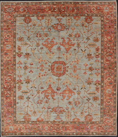 Burnt Orange and Cool Gray Modern Floral Oushak with All - Over Design Measures 8'0 x 9'10 This modern Indian Oushak was hand - knotted during the 2010's. The cool blue - gray field is heavily decorated in floral and leaflet motifs, commonly ... - Keivan Woven ArtsOB - 9570118 - 1030026 - 21078Rug