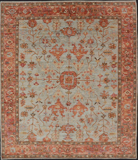 Burnt Orange and Cool Gray Modern Floral Oushak with All - Over Design Measures 8'0 x 9'10 This modern Indian Oushak was hand - knotted during the 2010's. The cool blue - gray field is heavily decorated in floral and leaflet motifs, commonly ... - Keivan Woven ArtsOB - 9570118 - 1030026 - 21078Rug