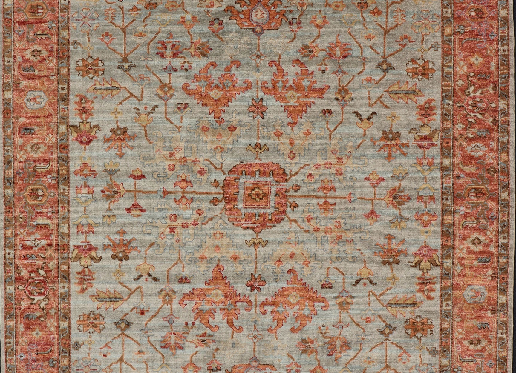 Burnt Orange and Cool Gray Modern Floral Oushak with All - Over Design Measures 8'0 x 9'10 This modern Indian Oushak was hand - knotted during the 2010's. The cool blue - gray field is heavily decorated in floral and leaflet motifs, commonly ... - Keivan Woven ArtsOB - 9570118 - 1030026 - 21078Rug