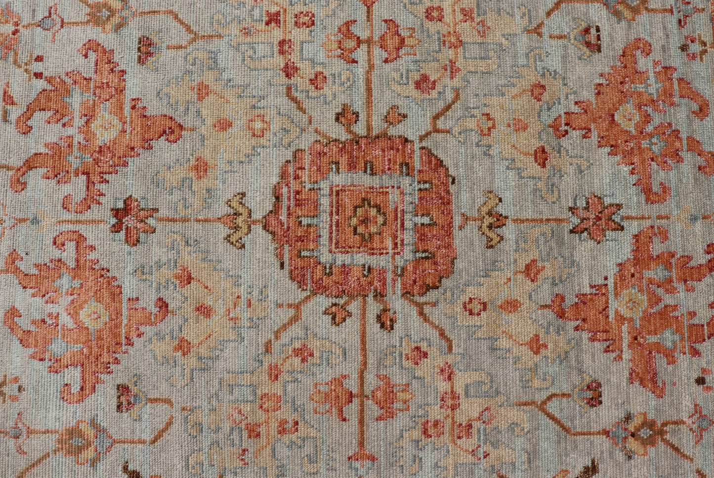 Burnt Orange and Cool Gray Modern Floral Oushak with All - Over Design Measures 8'0 x 9'10 This modern Indian Oushak was hand - knotted during the 2010's. The cool blue - gray field is heavily decorated in floral and leaflet motifs, commonly ... - Keivan Woven ArtsOB - 9570118 - 1030026 - 21078Rug