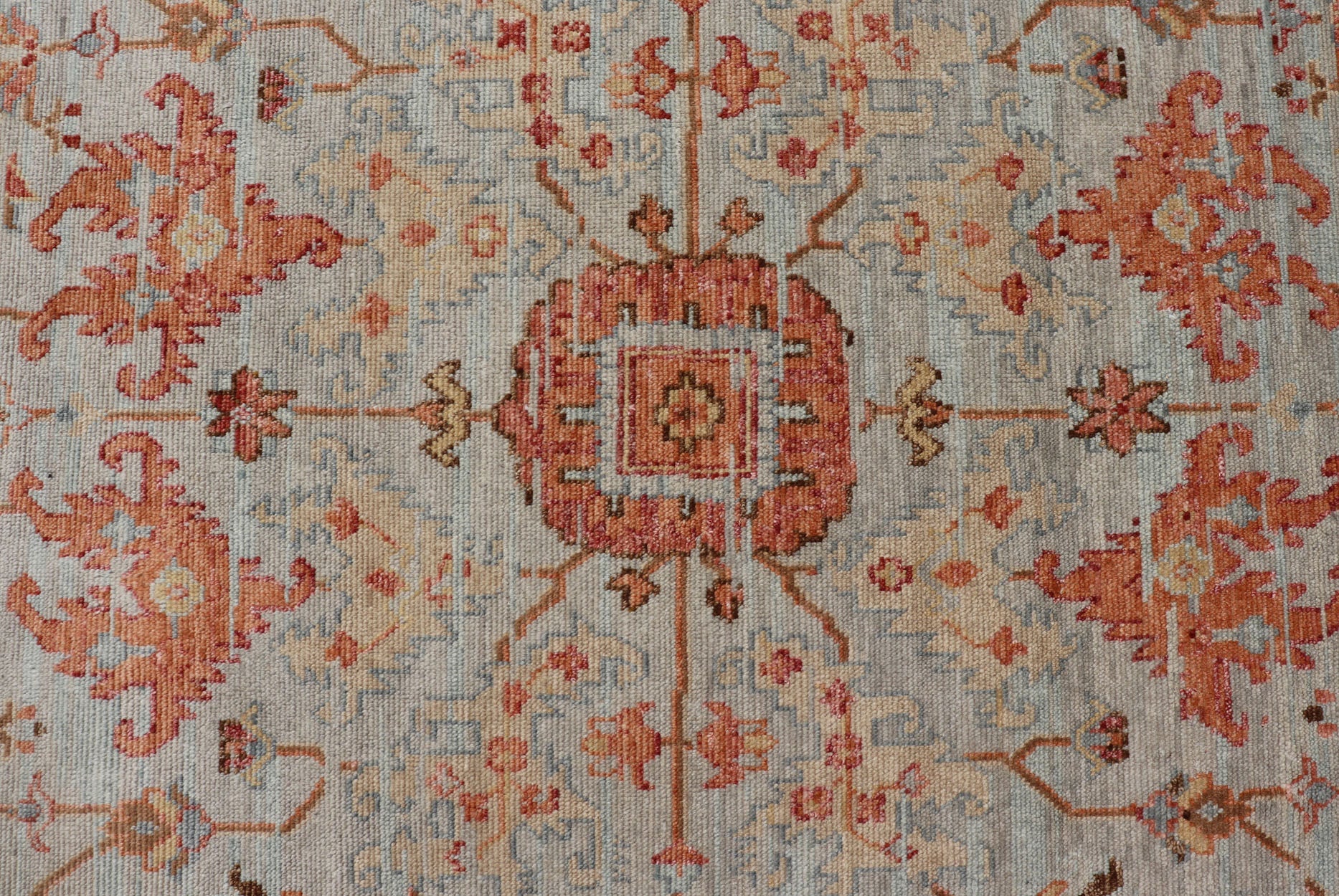 Burnt Orange and Cool Gray Modern Floral Oushak with All - Over Design Measures 8'0 x 9'10 This modern Indian Oushak was hand - knotted during the 2010's. The cool blue - gray field is heavily decorated in floral and leaflet motifs, commonly ... - Keivan Woven ArtsOB - 9570118 - 1030026 - 21078Rug