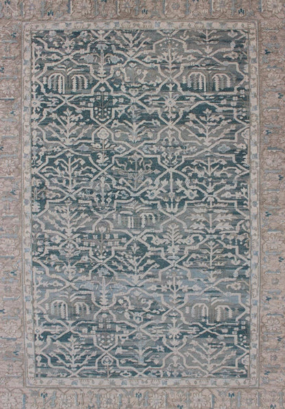 Modern Khotan Rug With Geometric Design in Teal Green/Blue Background & Champaign Border, Modern Khotan Rug with Geometric Design. rug OB - 9572314, country of origin / type: India / Khotan, circa early - 21st Century. Measures: 6' x 9'. ... - Keivan Woven ArtsOB - 9572314 - 7450031 - 11084Rug
