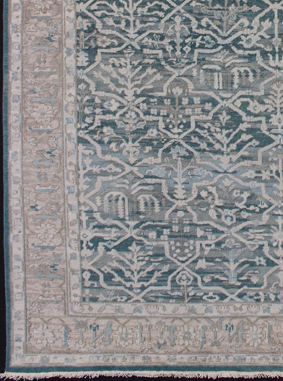 Modern Khotan Rug With Geometric Design in Teal Green/Blue Background & Champaign Border, Modern Khotan Rug with Geometric Design. rug OB - 9572314, country of origin / type: India / Khotan, circa early - 21st Century. Measures: 6' x 9'. ... - Keivan Woven ArtsOB - 9572314 - 7450031 - 11084Rug
