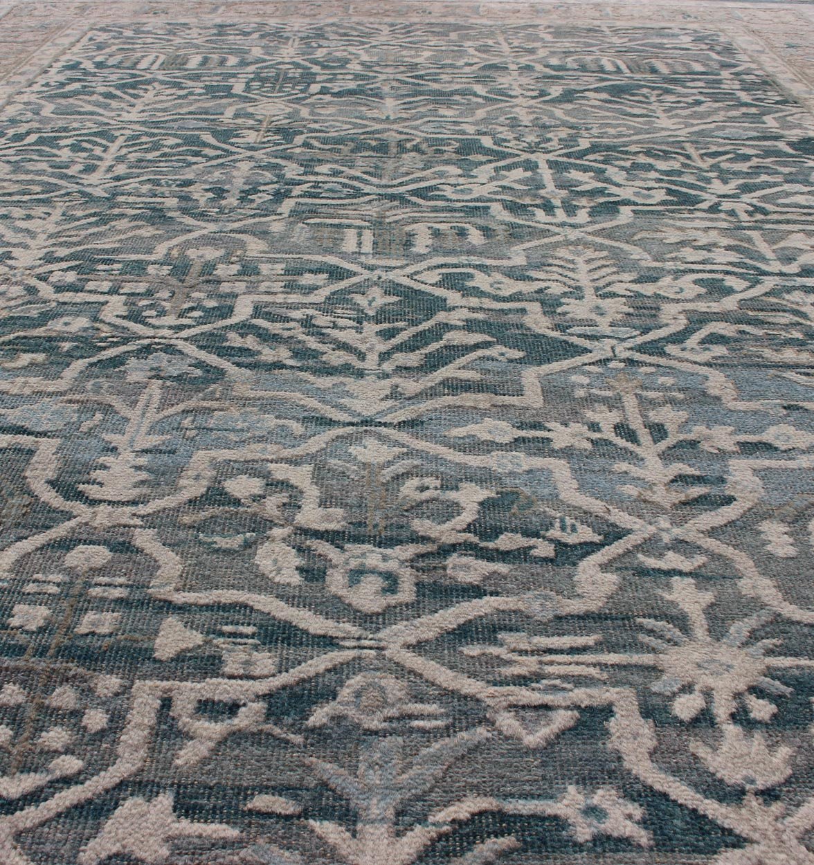 Modern Khotan Rug With Geometric Design in Teal Green/Blue Background & Champaign Border, Modern Khotan Rug with Geometric Design. rug OB - 9572314, country of origin / type: India / Khotan, circa early - 21st Century. Measures: 6' x 9'. ... - Keivan Woven ArtsOB - 9572314 - 7450031 - 11084Rug