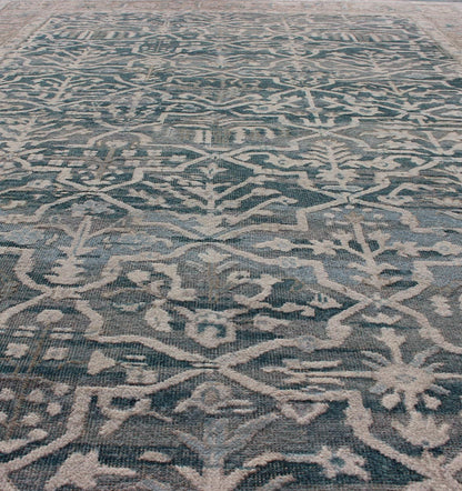 Modern Khotan Rug With Geometric Design in Teal Green/Blue Background & Champaign Border, Modern Khotan Rug with Geometric Design. rug OB - 9572314, country of origin / type: India / Khotan, circa early - 21st Century. Measures: 6' x 9'. ... - Keivan Woven ArtsOB - 9572314 - 7450031 - 11084Rug