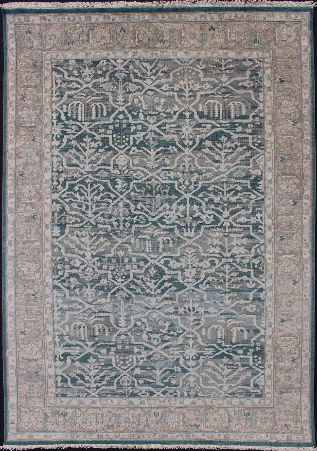 Modern Khotan Rug With Geometric Design in Teal Green/Blue Background & Champaign Border, Modern Khotan Rug with Geometric Design. rug OB - 9572314, country of origin / type: India / Khotan, circa early - 21st Century. Measures: 6' x 9'. ... - Keivan Woven ArtsOB - 9572314 - 7450031 - 11084