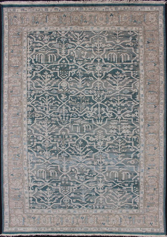 Modern Khotan Rug With Geometric Design in Teal Green/Blue Background & Champaign Border, Modern Khotan Rug with Geometric Design. rug OB - 9572314, country of origin / type: India / Khotan, circa early - 21st Century. Measures: 6' x 9'. ... - Keivan Woven ArtsOB - 9572314 - 7450031 - 11084