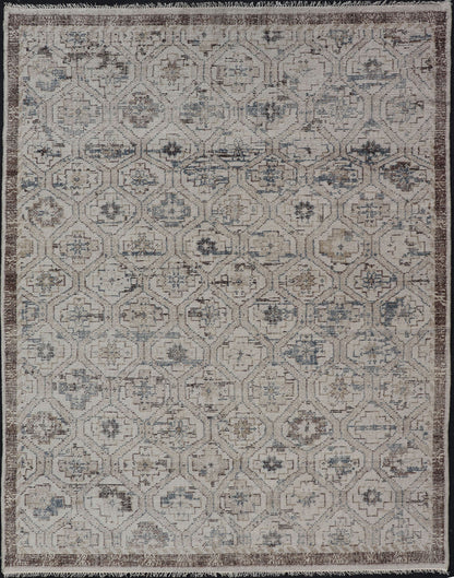 Modern Hand - Knotted Oushak Rug in Wool With Sub - Geometric Design in Brown and Blue This modern tribal Oushak rug has been hand - knotted in wool. The rug features a modern, all - over sub - geometric design, replete with various motifs rendered in bl... - Keivan Woven ArtsOB - 9729766 - 18192Rug