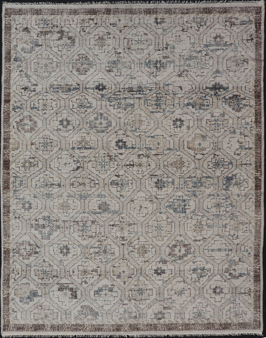 Modern Hand - Knotted Oushak Rug in Wool With Sub - Geometric Design in Brown and Blue This modern tribal Oushak rug has been hand - knotted in wool. The rug features a modern, all - over sub - geometric design, replete with various motifs rendered in bl... - Keivan Woven ArtsOB - 9729766 - 18192Rug