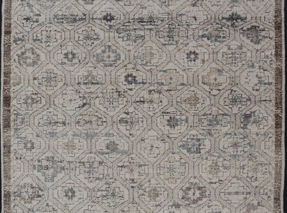 Modern Hand - Knotted Oushak Rug in Wool With Sub - Geometric Design in Brown and Blue This modern tribal Oushak rug has been hand - knotted in wool. The rug features a modern, all - over sub - geometric design, replete with various motifs rendered in bl... - Keivan Woven ArtsOB - 9729766 - 18192Rug