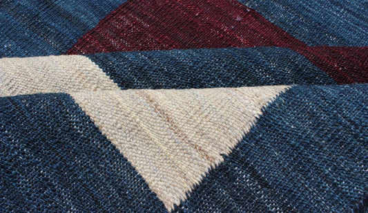 Modern Afghan Flat - Weave Rug in Steal Blue and Multicolored Blocks kwarugs/ORN - 27523 This flat - weave Kilim bears a repeating box design. Set on a gray and steal blue background, accent colors include green, maroon, red, charcoal, dark blue, crea... - Keivan Woven ArtsORN - 27523 - 5227Rug
