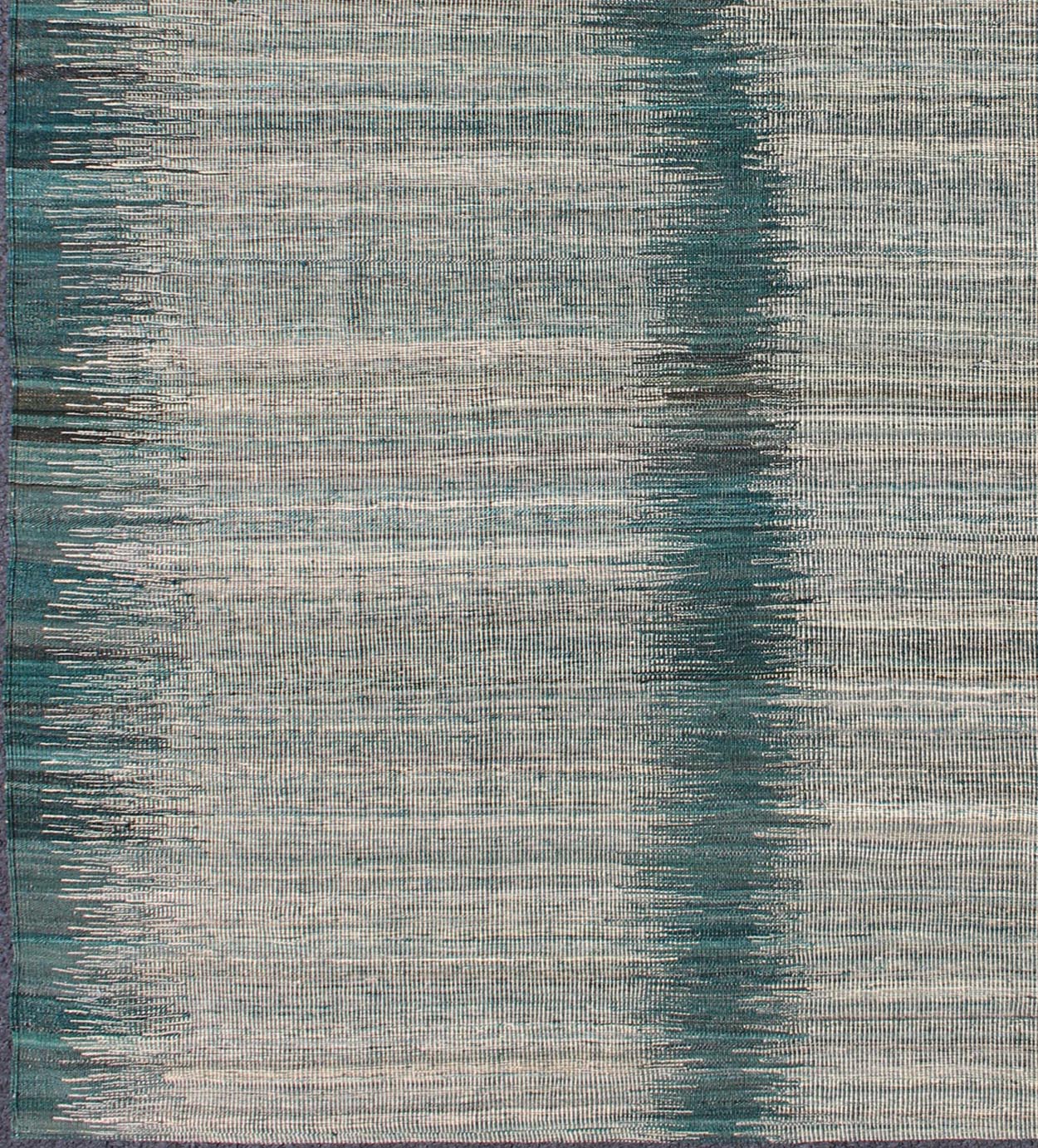 Afghan Modern Kilim rug with vertical strip in White, Cream, gray and teal. Keivan Woven Arts / rug orn - 29700, country of origin / type: Afghanistan / Kilim Measures: 5'10 x 7'9. This designer modern Kilim is decorated with a variegated gray, cre... - Keivan Woven ArtsORN - 29700 - 5231Rug