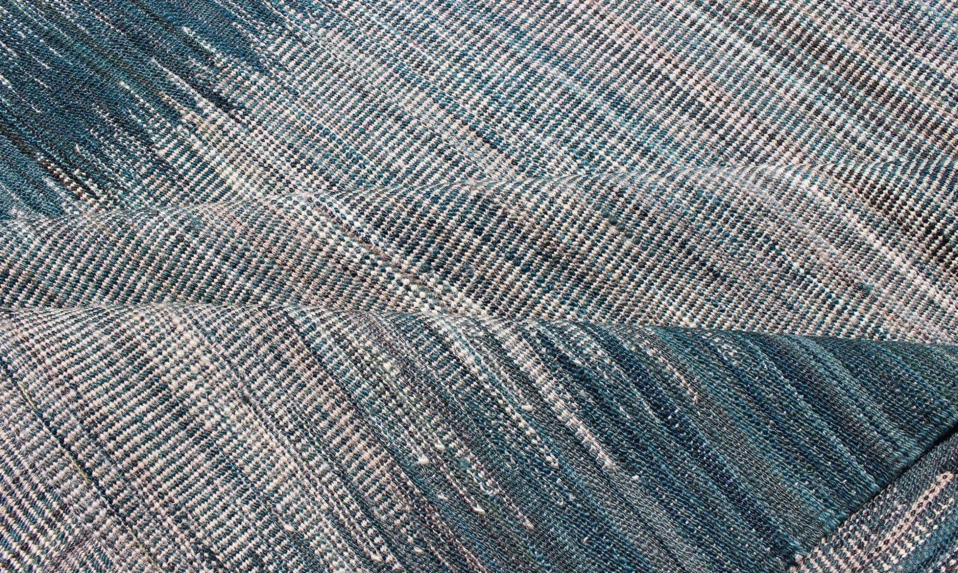 Afghan Modern Kilim rug with vertical strip in White, Cream, gray and teal. Keivan Woven Arts / rug orn - 29700, country of origin / type: Afghanistan / Kilim Measures: 5'10 x 7'9. This designer modern Kilim is decorated with a variegated gray, cre... - Keivan Woven ArtsORN - 29700 - 5231Rug