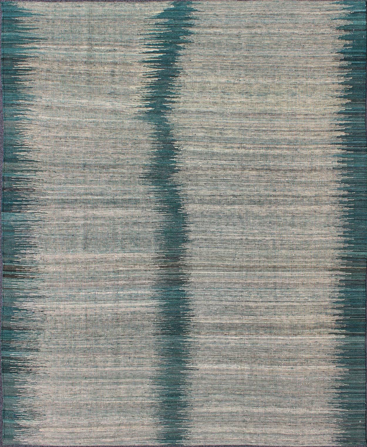 Afghan Modern Kilim rug with vertical strip in White, Cream, gray and teal. Keivan Woven Arts / rug orn - 29700, country of origin / type: Afghanistan / Kilim Measures: 5'10 x 7'9. This designer modern Kilim is decorated with a variegated gray, cre... - Keivan Woven ArtsORN - 29700 - 5231Rug
