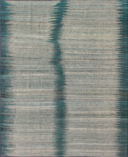 Afghan Modern Kilim rug with vertical strip in White, Cream, gray and teal. Keivan Woven Arts / rug orn - 29700, country of origin / type: Afghanistan / Kilim Measures: 5'10 x 7'9. This designer modern Kilim is decorated with a variegated gray, cre... - Keivan Woven ArtsORN - 29700 - 5231Rug