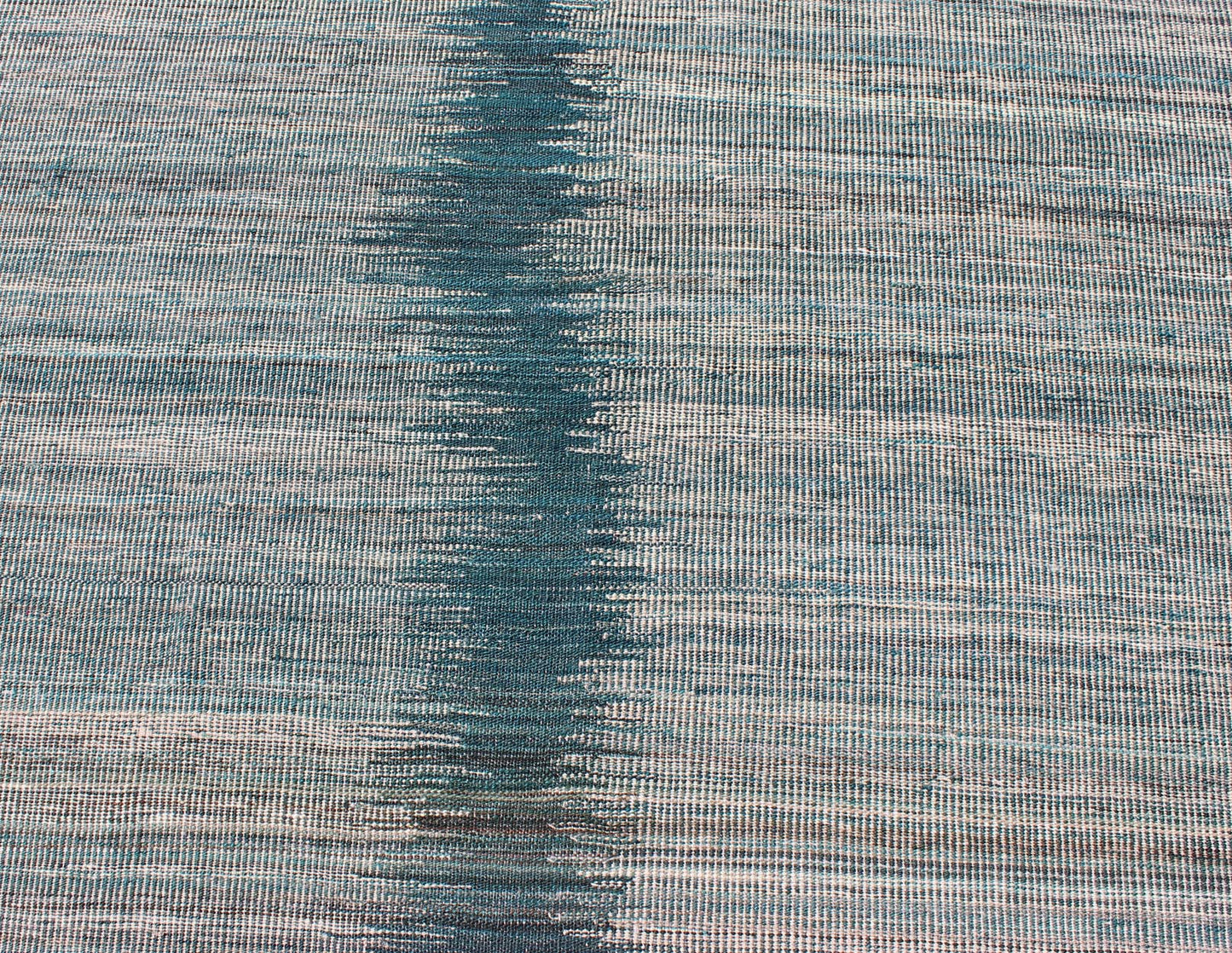 Afghan Modern Kilim rug with vertical strip in White, Cream, gray and teal. Keivan Woven Arts / rug orn - 29700, country of origin / type: Afghanistan / Kilim Measures: 5'10 x 7'9. This designer modern Kilim is decorated with a variegated gray, cre... - Keivan Woven ArtsORN - 29700 - 5231Rug