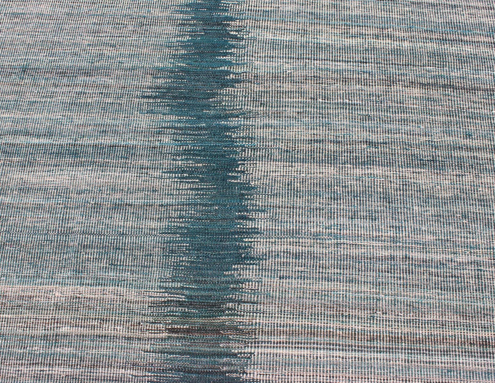 Afghan Modern Kilim rug with vertical strip in White, Cream, gray and teal. Keivan Woven Arts / rug orn - 29700, country of origin / type: Afghanistan / Kilim Measures: 5'10 x 7'9. This designer modern Kilim is decorated with a variegated gray, cre... - Keivan Woven ArtsORN - 29700 - 5231Rug