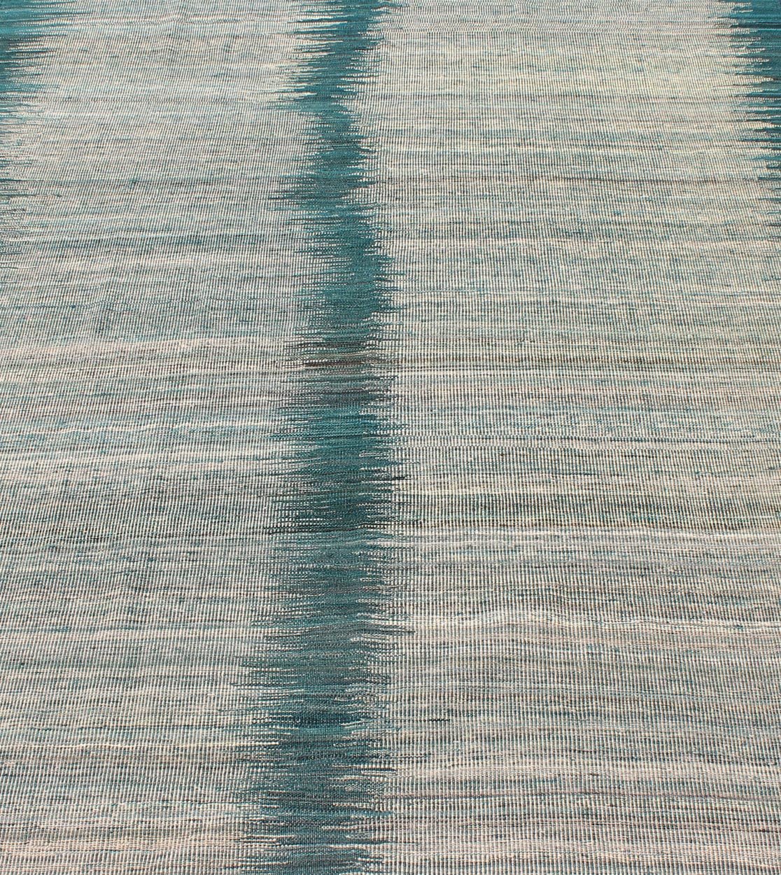 Afghan Modern Kilim rug with vertical strip in White, Cream, gray and teal. Keivan Woven Arts / rug orn - 29700, country of origin / type: Afghanistan / Kilim Measures: 5'10 x 7'9. This designer modern Kilim is decorated with a variegated gray, cre... - Keivan Woven ArtsORN - 29700 - 5231Rug