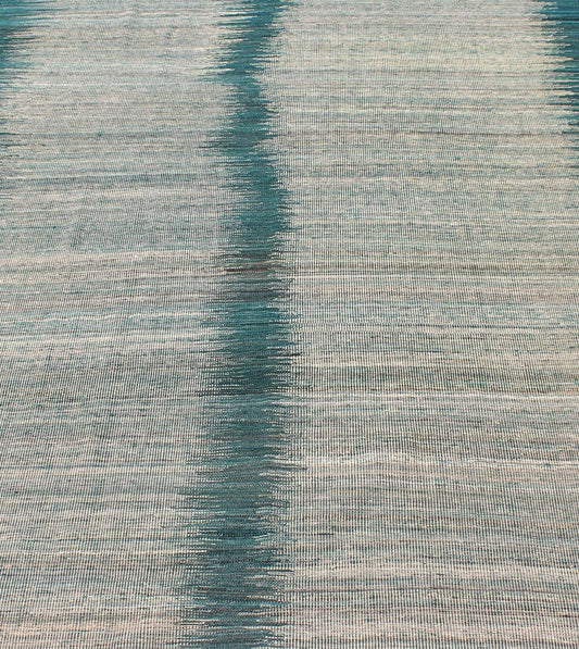 Afghan Modern Kilim rug with vertical strip in White, Cream, gray and teal. Keivan Woven Arts / rug orn - 29700, country of origin / type: Afghanistan / Kilim Measures: 5'10 x 7'9. This designer modern Kilim is decorated with a variegated gray, cre... - Keivan Woven ArtsORN - 29700 - 5231Rug