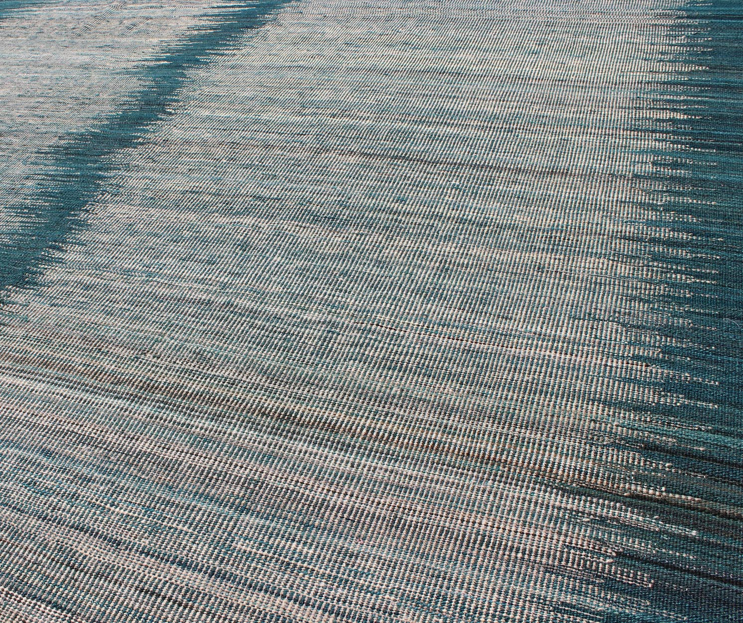 Afghan Modern Kilim rug with vertical strip in White, Cream, gray and teal. Keivan Woven Arts / rug orn - 29700, country of origin / type: Afghanistan / Kilim Measures: 5'10 x 7'9. This designer modern Kilim is decorated with a variegated gray, cre... - Keivan Woven ArtsORN - 29700 - 5231Rug