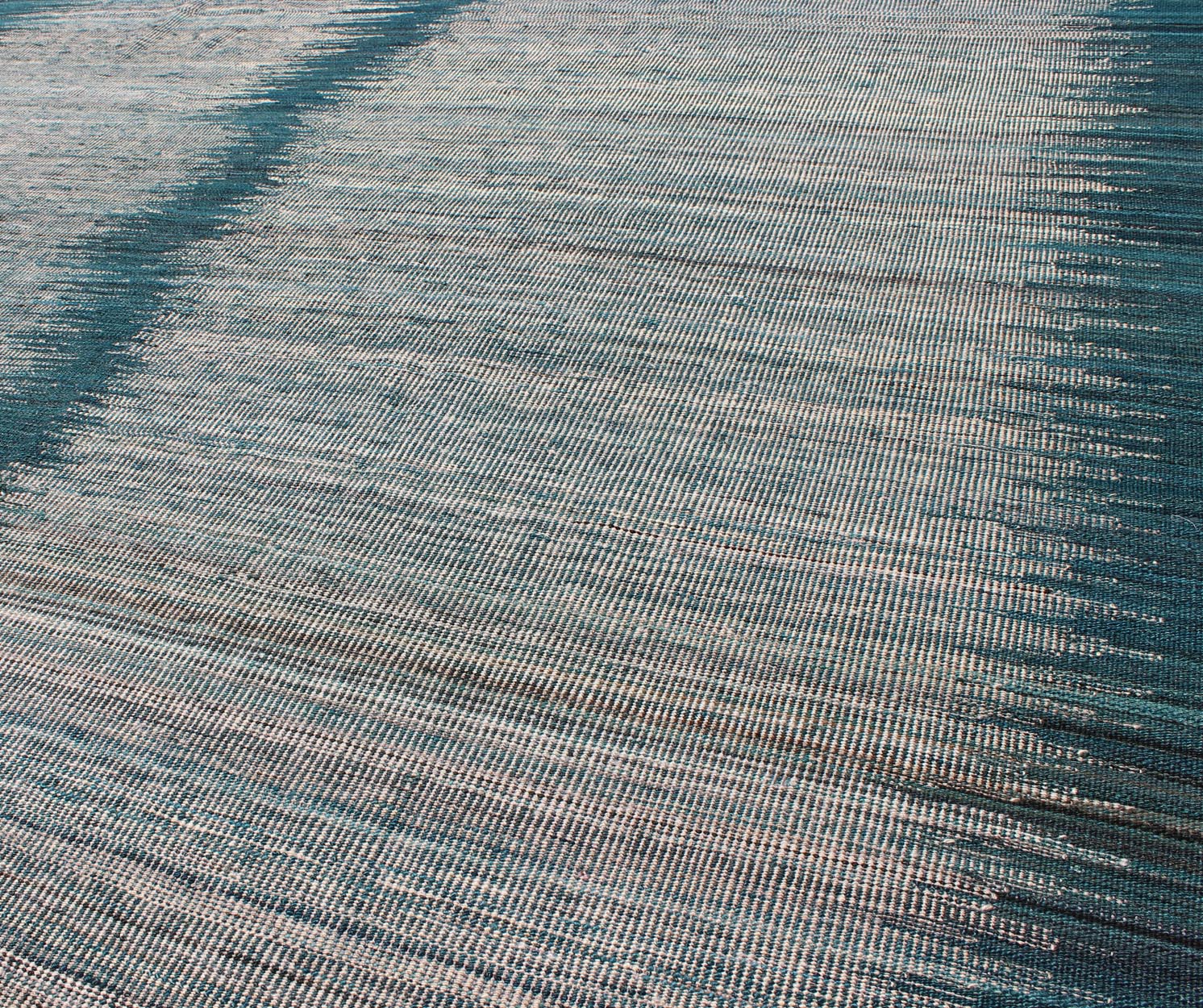 Afghan Modern Kilim rug with vertical strip in White, Cream, gray and teal. Keivan Woven Arts / rug orn - 29700, country of origin / type: Afghanistan / Kilim Measures: 5'10 x 7'9. This designer modern Kilim is decorated with a variegated gray, cre... - Keivan Woven ArtsORN - 29700 - 5231Rug