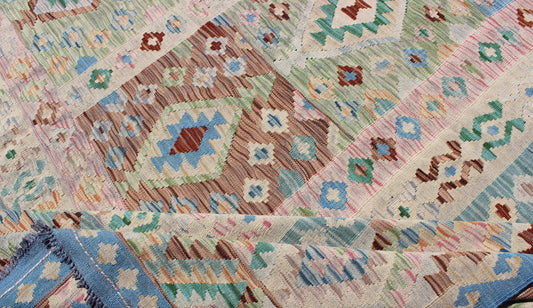 Keivan Woven Arts, Geometric Flat Weave Kilim Rug in Blue, Green, Cream & Pink with Diamond Design. Diamond design geometric Afghan made Kilim rug in blue, green, cream, pink, rug orn - 30108, country of origin / type: Afghanistan / Kilim. ... - Keivan Woven ArtsORN - 30108 - 5249Rug