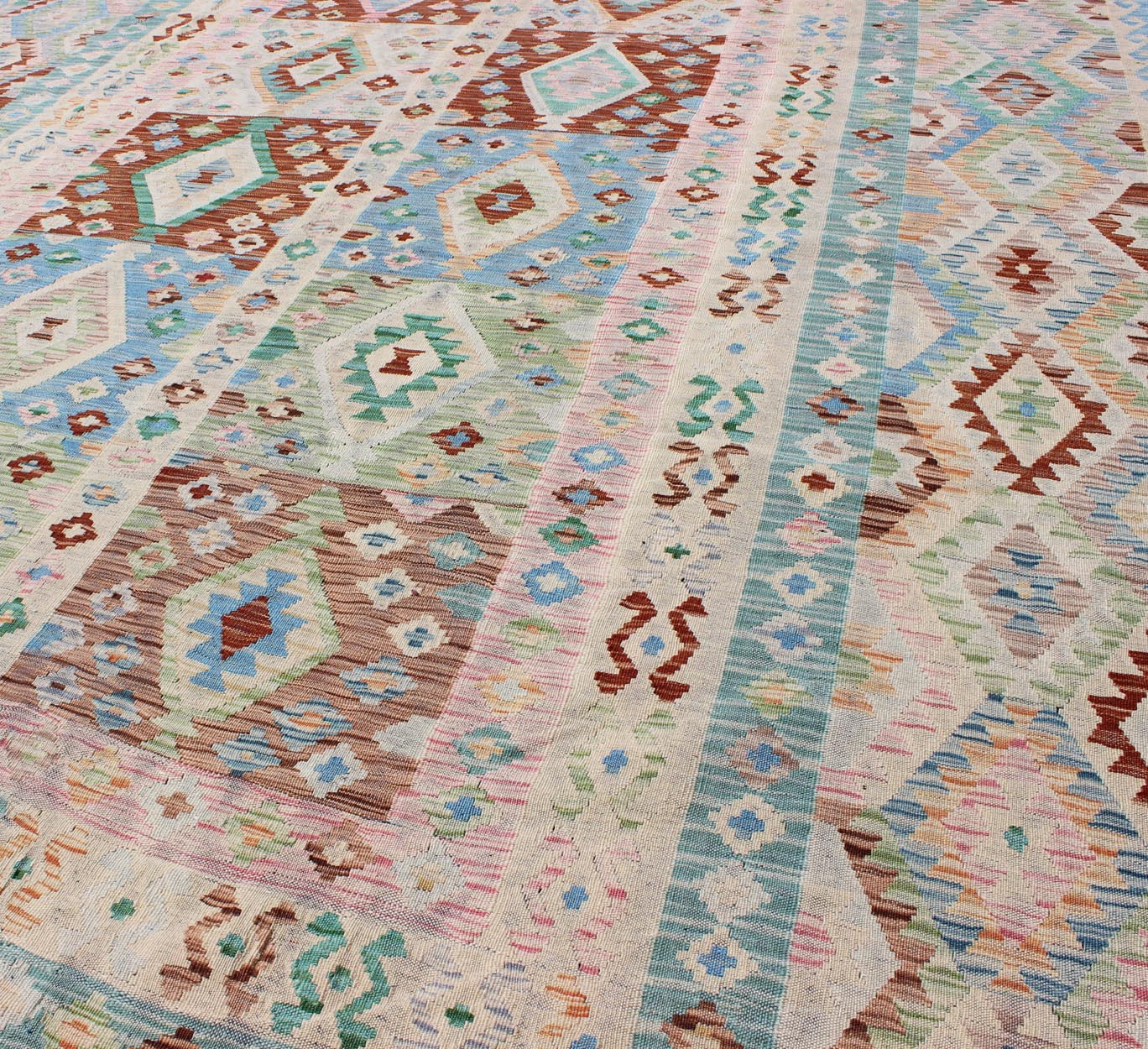 Keivan Woven Arts, Geometric Flat Weave Kilim Rug in Blue, Green, Cream & Pink with Diamond Design. Diamond design geometric Afghan made Kilim rug in blue, green, cream, pink, rug orn - 30108, country of origin / type: Afghanistan / Kilim. ... - Keivan Woven ArtsORN - 30108 - 5249Rug