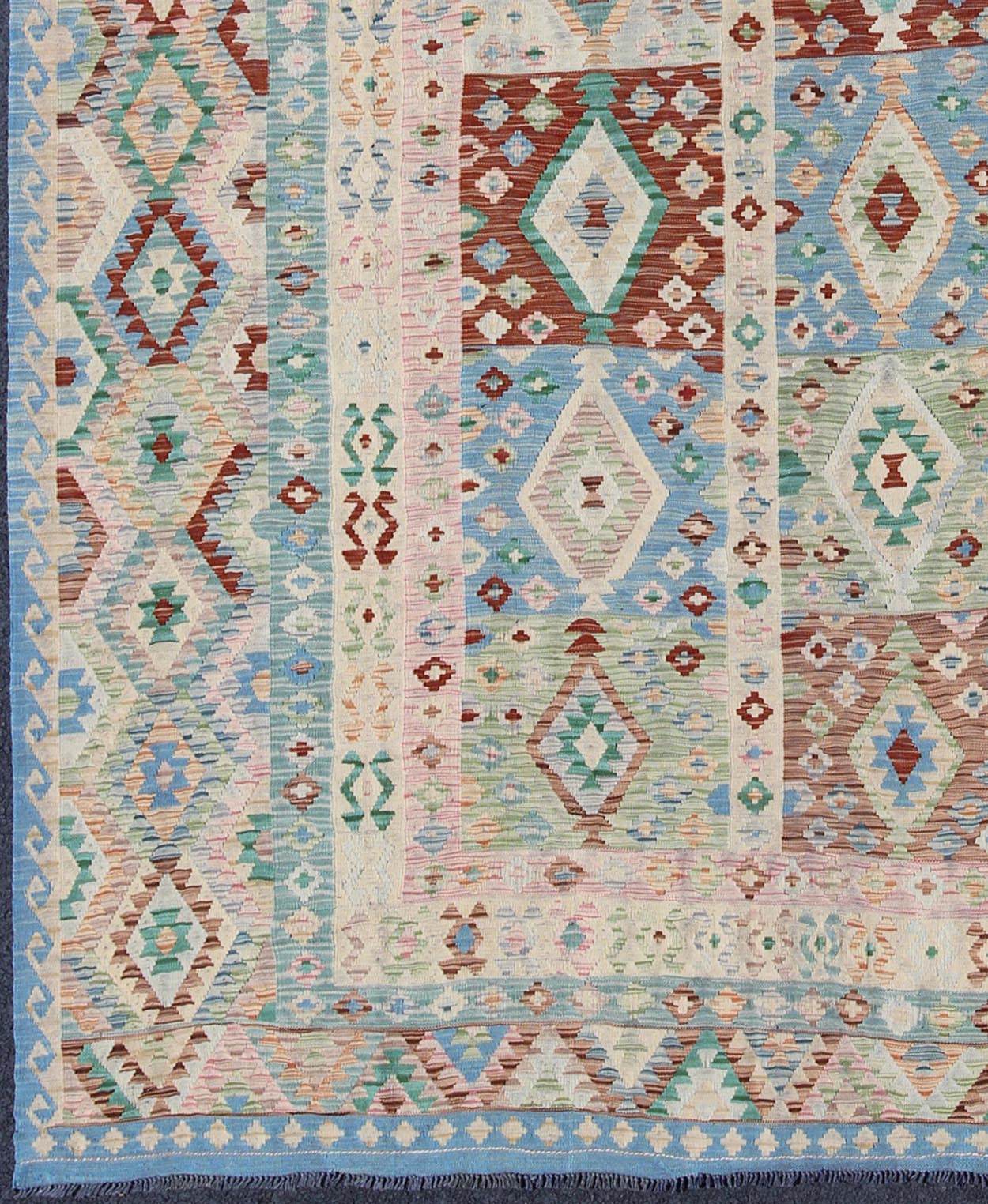 Keivan Woven Arts, Geometric Flat Weave Kilim Rug in Blue, Green, Cream & Pink with Diamond Design. Diamond design geometric Afghan made Kilim rug in blue, green, cream, pink, rug orn - 30108, country of origin / type: Afghanistan / Kilim. ... - Keivan Woven ArtsORN - 30108 - 5249Rug