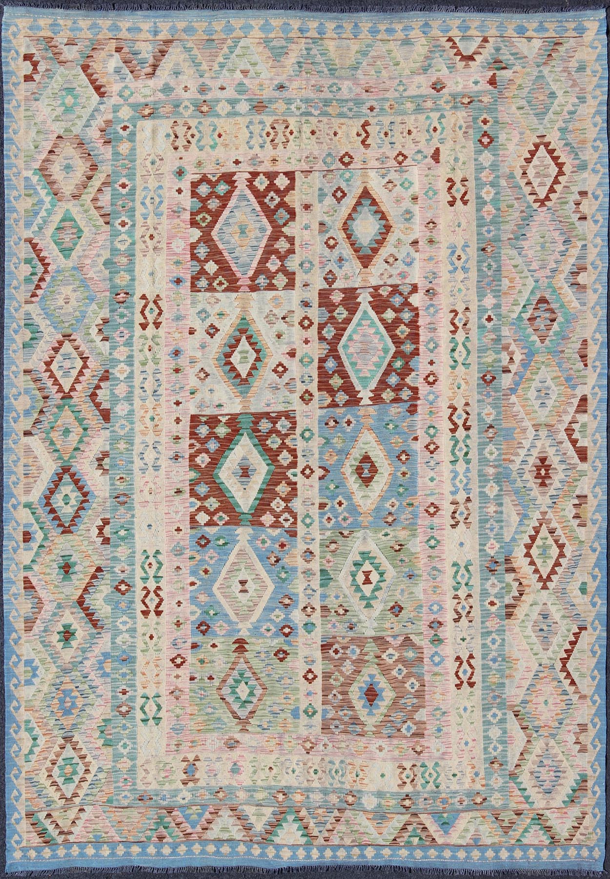 Keivan Woven Arts, Geometric Flat Weave Kilim Rug in Blue, Green, Cream & Pink with Diamond Design. Diamond design geometric Afghan made Kilim rug in blue, green, cream, pink, rug orn - 30108, country of origin / type: Afghanistan / Kilim. ... - Keivan Woven ArtsORN - 30108 - 5249Rug
