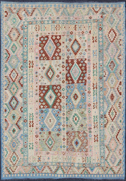 Keivan Woven Arts, Geometric Flat Weave Kilim Rug in Blue, Green, Cream & Pink with Diamond Design. Diamond design geometric Afghan made Kilim rug in blue, green, cream, pink, rug orn - 30108, country of origin / type: Afghanistan / Kilim. ... - Keivan Woven ArtsORN - 30108 - 5249Rug