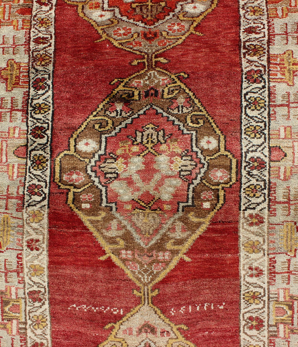 Antique Turkish Oushak Runner In Red Background with Neutral Medallions Measures: 3.11 x 9.0 This colorful Oushak carpet rests beautifully upon a field of elegant red. A large medallion of brown, taupe, yellow and gray takes center s... - Keivan Woven ArtsOSM - 02 - 4494Rug