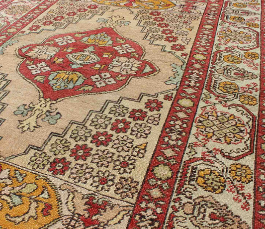 Keivan Woven Arts, Osm - 04, 1930's antique Floral Turkish Oushak Rug. floral Turkish Oushak rug with medallion in red, orange and green, rug osm - 04, country of origin / type: Turkey / Oushak, circa 1930's This antique Turkish Oushak carpet features a... - Keivan Woven ArtsOSM - 04 - 4500Rug