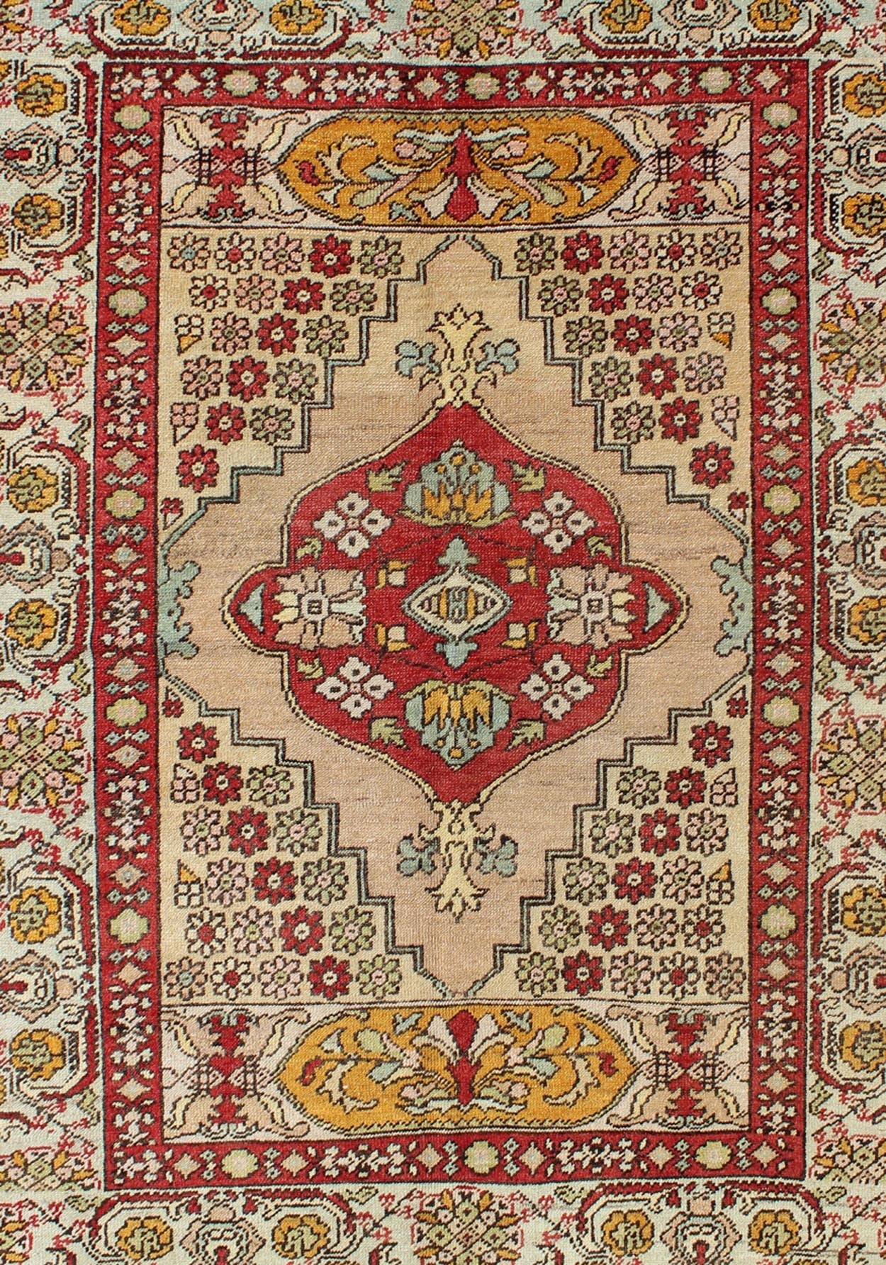 Keivan Woven Arts, Osm - 04, 1930's antique Floral Turkish Oushak Rug. floral Turkish Oushak rug with medallion in red, orange and green, rug osm - 04, country of origin / type: Turkey / Oushak, circa 1930's This antique Turkish Oushak carpet features a... - Keivan Woven ArtsOSM - 04 - 4500Rug