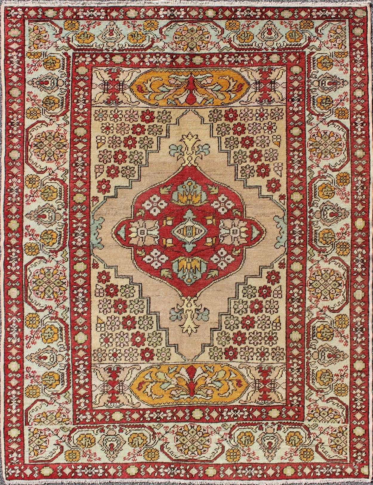 Keivan Woven Arts, Osm - 04, 1930's antique Floral Turkish Oushak Rug. floral Turkish Oushak rug with medallion in red, orange and green, rug osm - 04, country of origin / type: Turkey / Oushak, circa 1930's This antique Turkish Oushak carpet features a... - Keivan Woven ArtsOSM - 04 - 4500Rug