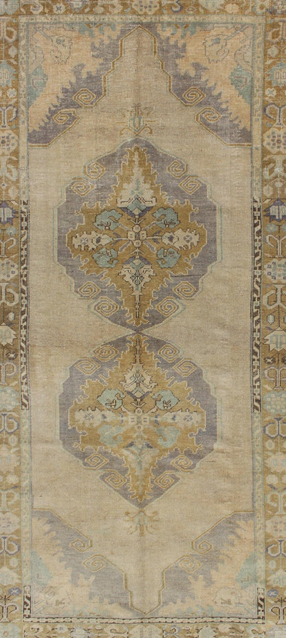 Vintage Gallery Turkish Oushak Rug With Floral Medallions in Earthy Tones and Lavender Keivan Woven Arts / rug OSM - 09, country of origin / type: Turkey / Oushak, circa 1940 Measures: 4'1 x 8'7. This vintage Oushak beautifully illustrates the impr... - Keivan Woven ArtsOSM - 09 - 4504Rug