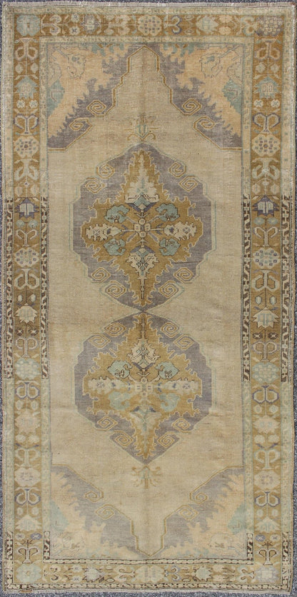 Vintage Gallery Turkish Oushak Rug With Floral Medallions in Earthy Tones and Lavender Keivan Woven Arts / rug OSM - 09, country of origin / type: Turkey / Oushak, circa 1940 Measures: 4'1 x 8'7. This vintage Oushak beautifully illustrates the impr... - Keivan Woven ArtsOSM - 09 - 4504Rug