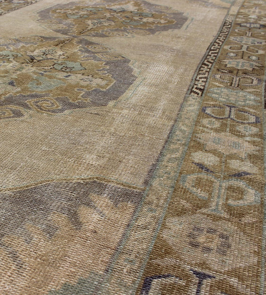 Vintage Gallery Turkish Oushak Rug With Floral Medallions in Earthy Tones and Lavender Keivan Woven Arts / rug OSM - 09, country of origin / type: Turkey / Oushak, circa 1940 Measures: 4'1 x 8'7. This vintage Oushak beautifully illustrates the impr... - Keivan Woven ArtsOSM - 09 - 4504Rug