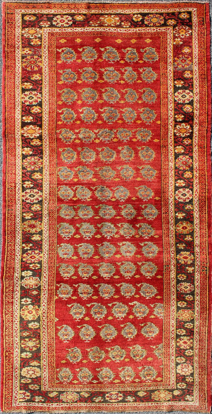 Red Turkish Oushak Carpet with All - Over Paisley Design and Central Red Field This unique Turkish Oushak carpet features an all - over design of intricate paisley shapes set atop a central field of bright red. The entire piece is encompassed by a f... - Keivan Woven ArtsOSM - 23 - 4518Rug