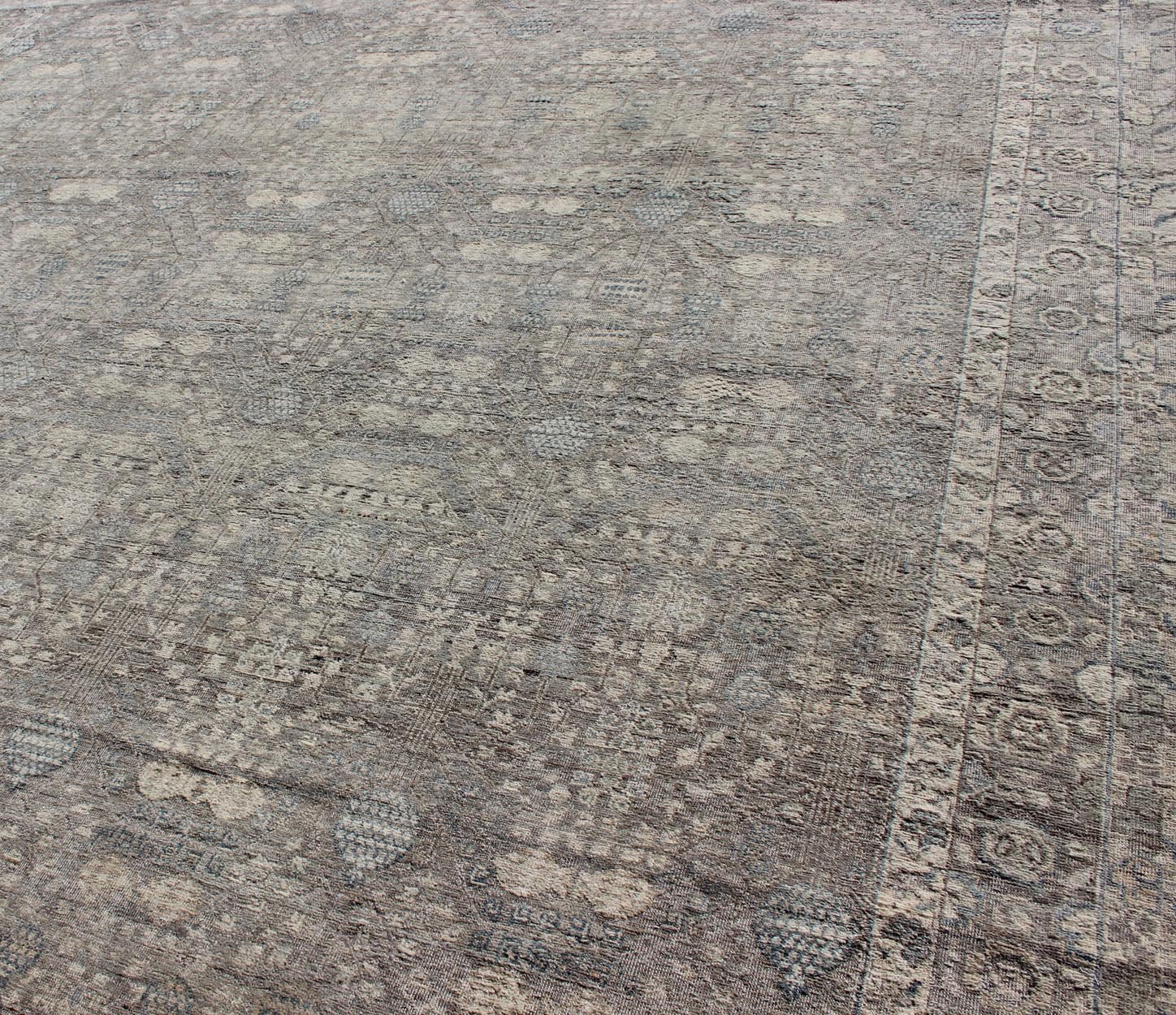 Modern Fine Weave Distressed Tabriz Rug in Taupe, Gray, Blue and Neutral Tones KWARUGS Taupe, gray, blue and neutral tones geometric Herati Tabriz design rug, rug pmz - 85034856, country of origin / India type: Tabriz, This Tabriz carpet fe... - Keivan Woven ArtsPMZ - 85034856 - 12233
