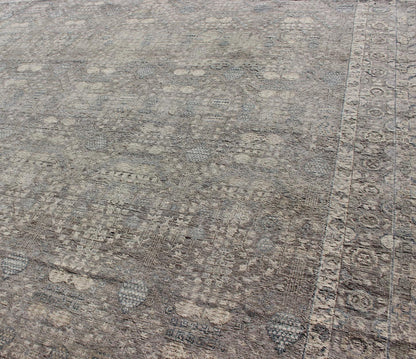 Modern Fine Weave Distressed Tabriz Rug in Taupe, Gray, Blue and Neutral Tones KWARUGS Taupe, gray, blue and neutral tones geometric Herati Tabriz design rug, rug pmz - 85034856, country of origin / India type: Tabriz, This Tabriz carpet fe... - Keivan Woven ArtsPMZ - 85034856 - 12233Rug