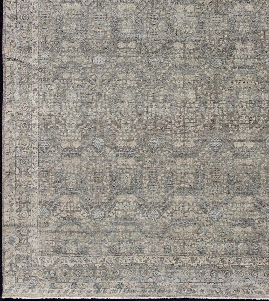 Modern Fine Weave Distressed Tabriz Rug in Taupe, Gray, Blue and Neutral Tones KWARUGS Taupe, gray, blue and neutral tones geometric Herati Tabriz design rug, rug pmz - 85034856, country of origin / India type: Tabriz, This Tabriz carpet fe... - Keivan Woven ArtsPMZ - 85034856 - 12233