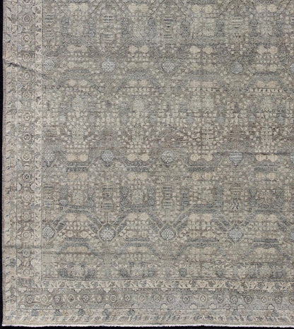 Modern Fine Weave Distressed Tabriz Rug in Taupe, Gray, Blue and Neutral Tones KWARUGS Taupe, gray, blue and neutral tones geometric Herati Tabriz design rug, rug pmz - 85034856, country of origin / India type: Tabriz, This Tabriz carpet fe... - Keivan Woven ArtsPMZ - 85034856 - 12233