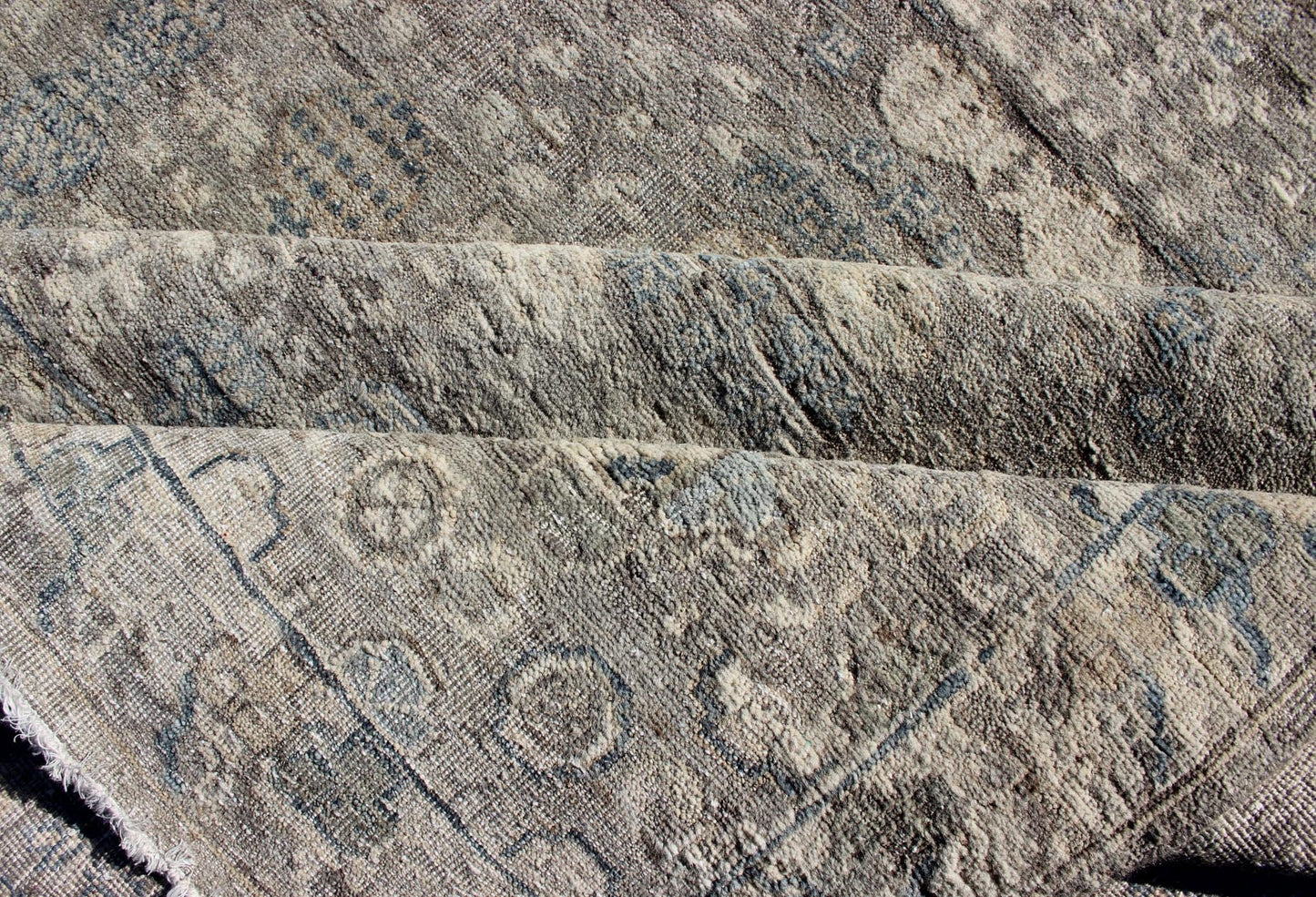 Modern Fine Weave Distressed Tabriz Rug in Taupe, Gray, Blue and Neutral Tones KWARUGS Taupe, gray, blue and neutral tones geometric Herati Tabriz design rug, rug pmz - 85034856, country of origin / India type: Tabriz, This Tabriz carpet fe... - Keivan Woven ArtsPMZ - 85034856 - 12233Rug