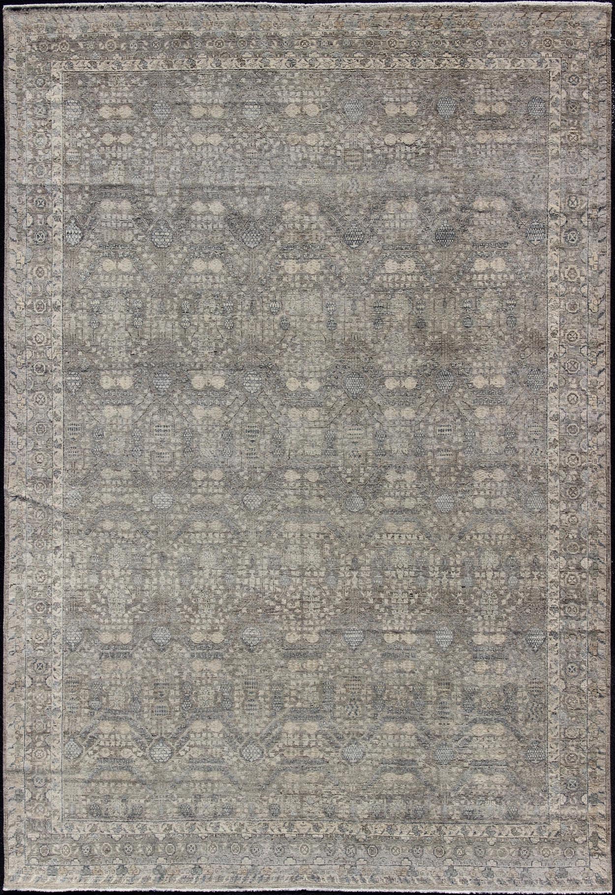 Modern Fine Weave Distressed Tabriz Rug in Taupe, Gray, Blue and Neutral Tones KWARUGS Taupe, gray, blue and neutral tones geometric Herati Tabriz design rug, rug pmz - 85034856, country of origin / India type: Tabriz, This Tabriz carpet fe... - Keivan Woven ArtsPMZ - 85034856 - 12233