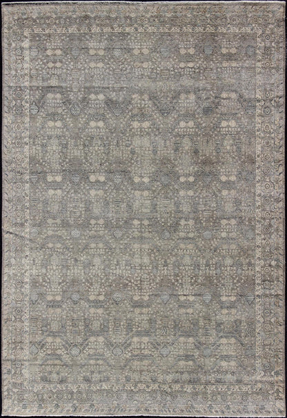 Modern Fine Weave Distressed Tabriz Rug in Taupe, Gray, Blue and Neutral Tones KWARUGS Taupe, gray, blue and neutral tones geometric Herati Tabriz design rug, rug pmz - 85034856, country of origin / India type: Tabriz, This Tabriz carpet fe... - Keivan Woven ArtsPMZ - 85034856 - 12233