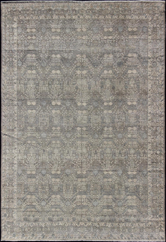 Modern Fine Weave Distressed Tabriz Rug in Taupe, Gray, Blue and Neutral Tones KWARUGS Taupe, gray, blue and neutral tones geometric Herati Tabriz design rug, rug pmz - 85034856, country of origin / India type: Tabriz, This Tabriz carpet fe... - Keivan Woven ArtsPMZ - 85034856 - 12233