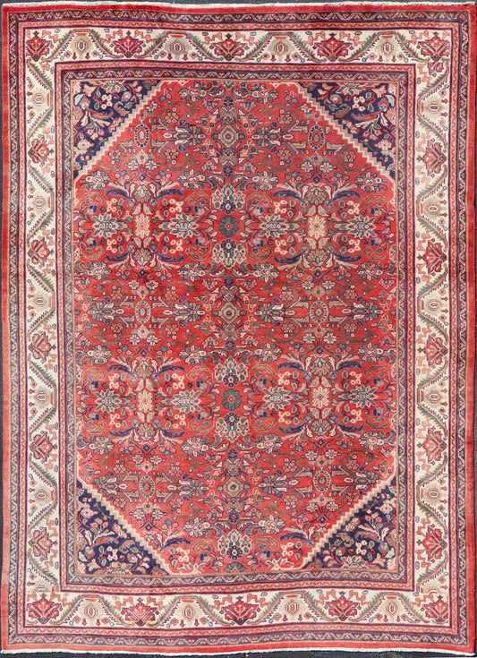 Antique Persian Hand Knotted Sultanabad - Mahal Rug with All - Over Floral Design Antique Hand Knotted Persian Sultanabad - Mahal rug with red field and ivory border, Keivan Woven Arts rug PTA - 200707, country of origin / type: Iran / Mahal , circa 19... - Keivan Woven ArtsPTA - 200707 - 16594
