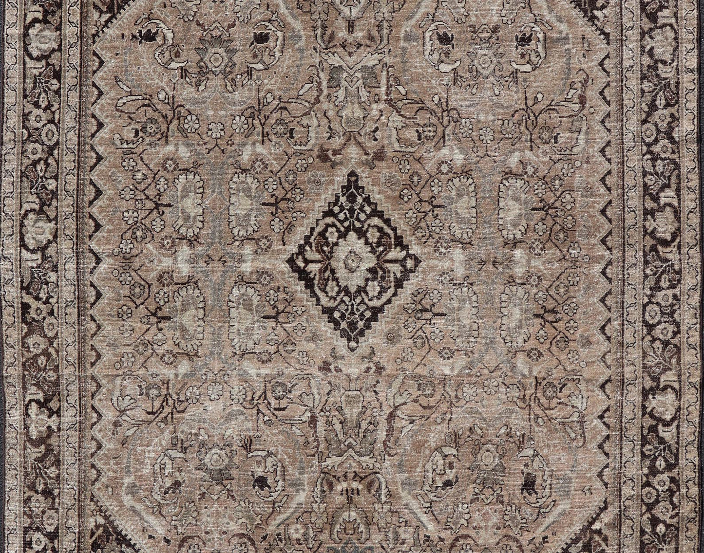 Vintage Persian Sultanabad - Mahal Rug with Sub - Geometric Diamond Herati Design This Vintage Sultanabad - Mahal Rug features a sub - geometric diamond design with herati motifs. The rug is set upon a taupe background and is enclosed within a compleme... - Keivan Woven ArtsPTA - 200715 - 16636Rug