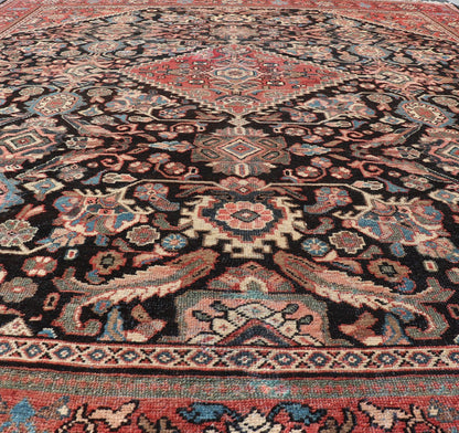 Large Antique Hand Knotted Persian Mahal Rug With Florals and Geometric Medallion Design Large Antique Persian Mahal rug with diamond medallion, sub floral design in the background and the border. Colors are dark gray brown background and soft r... - Keivan Woven ArtsPTA - 200716 - 17304Rug