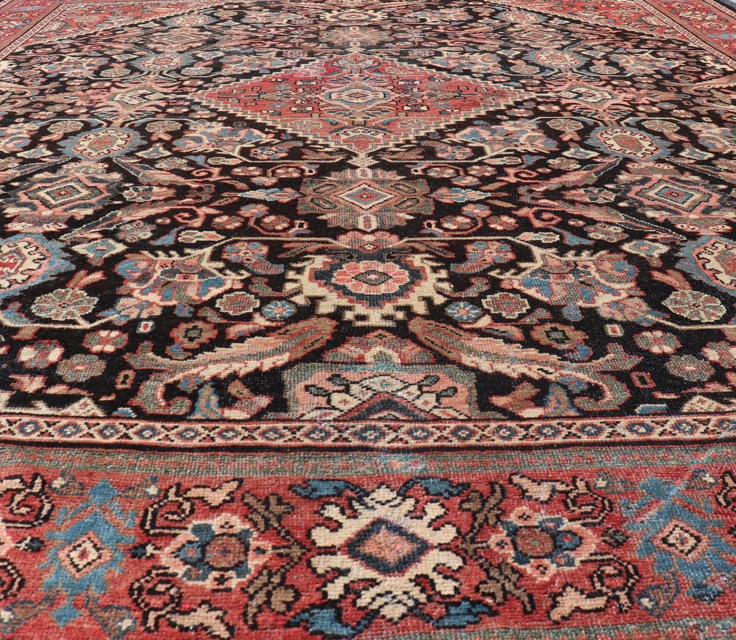 Large Antique Hand Knotted Persian Mahal Rug With Florals and Geometric Medallion Design Large Antique Persian Mahal rug with diamond medallion, sub floral design in the background and the border. Colors are dark gray brown background and soft r... - Keivan Woven ArtsPTA - 200716 - 17304Rug